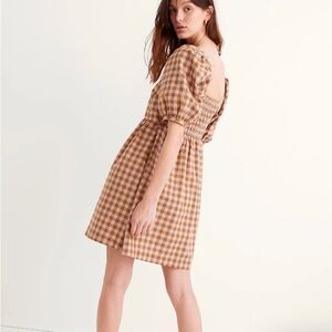 Tan and White Gingham 3/4 Sleeve Dress